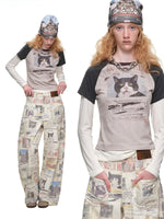 Cat Print Layered Raglan Top