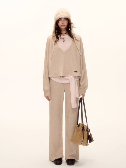 Waffle Knit V-Neck Pullover &amp; Tie Vest Set with Wide-Leg Pants