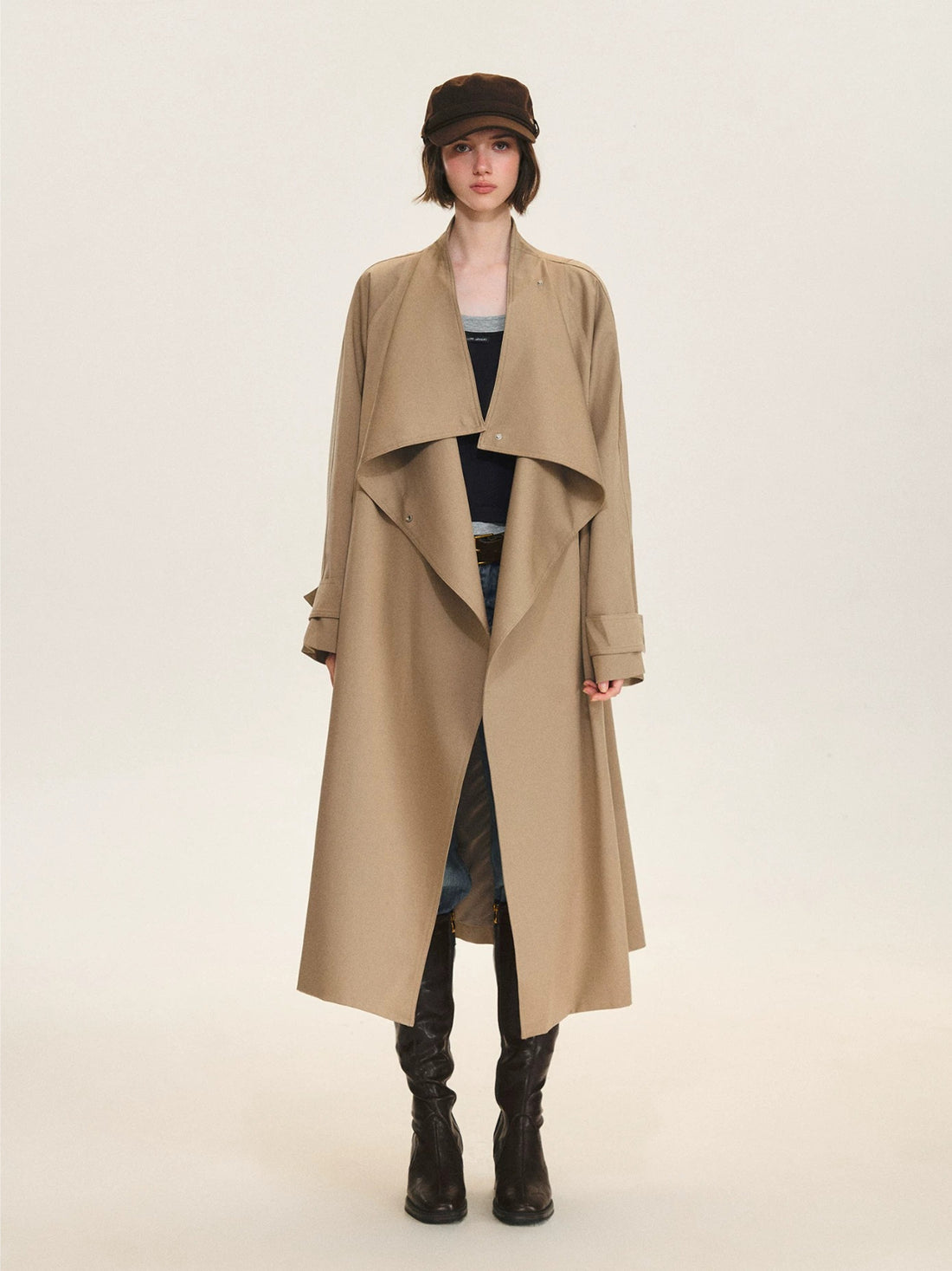 Khaki Waterfall Collar Trench Coat