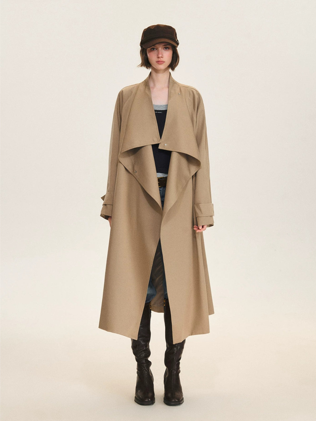 Khaki Waterfall Collar Trench Coat