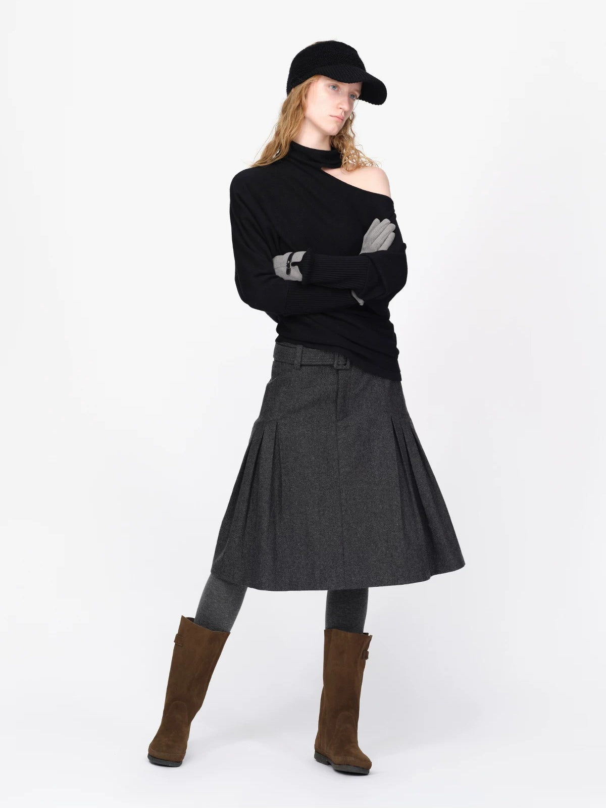 Wool Belted A Line Pleated Skirt