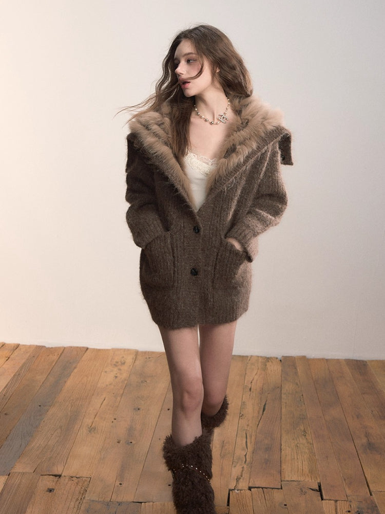 Fox Fur Large Notch Collar Cardigan