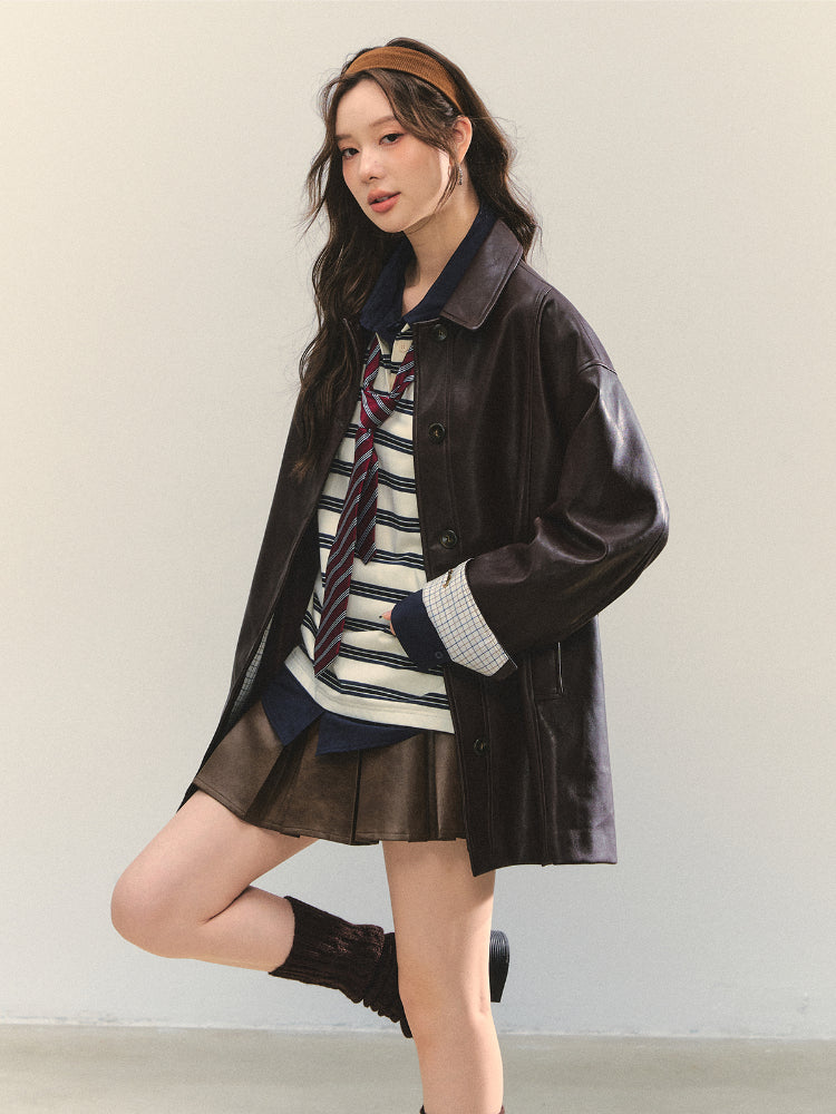 Black H-shaped Cuff Checkered Spliced Leather Jacket