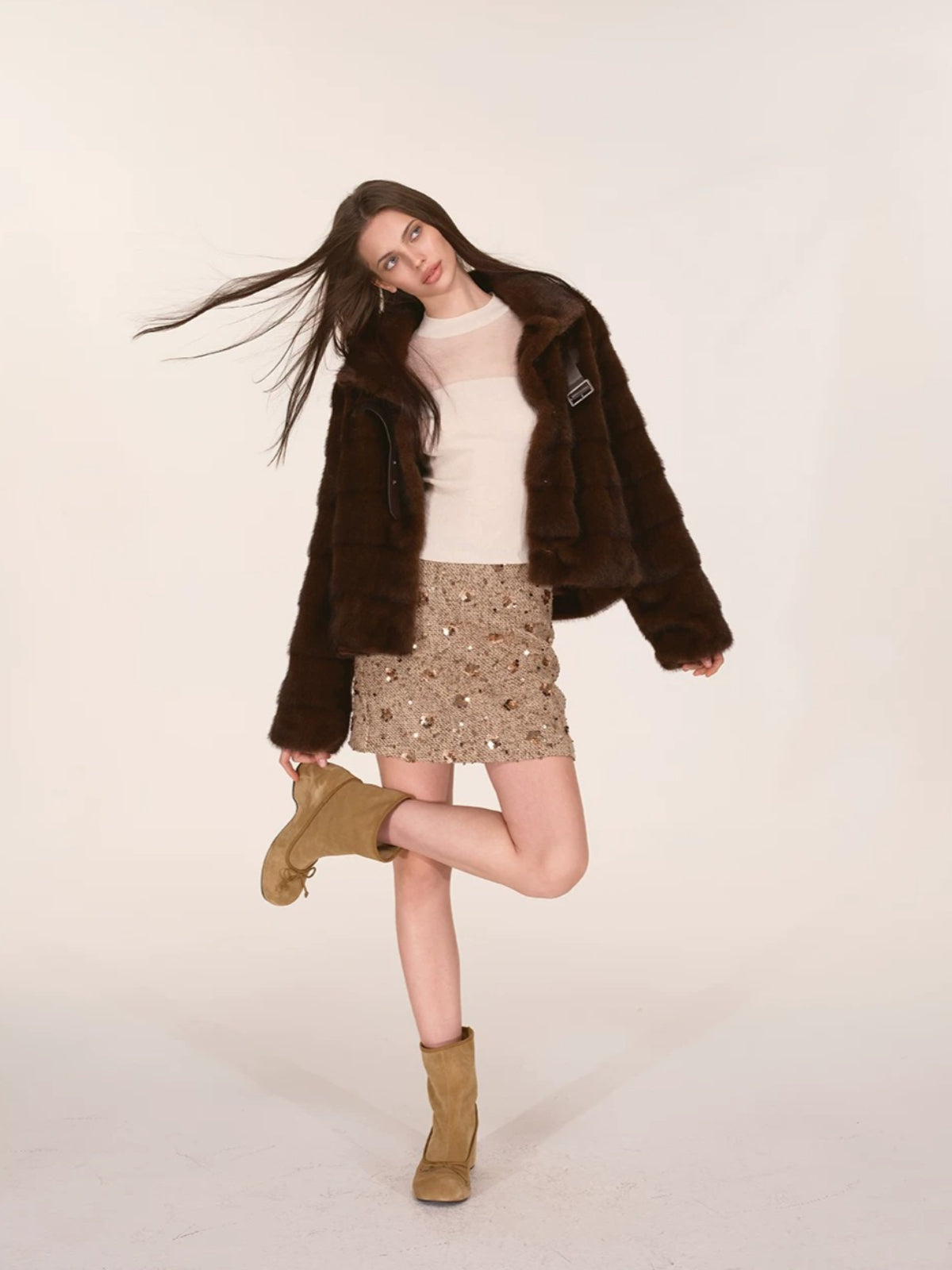 Sequined Contrast Waist Tweed Mini Skirt