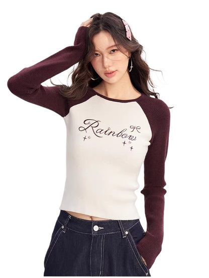 Color-blocked Sleeve Embroidered Top