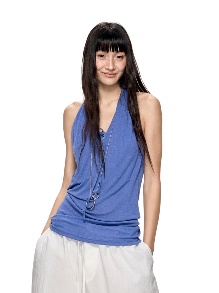 Deep Blue Sleeveless V-Neck Halter Neck Top