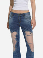 Blue Mesh Patchwork Low-Rise Flared Pants