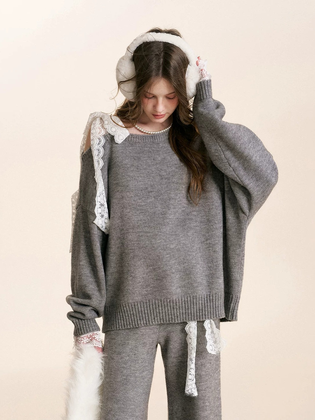 Gray &amp; Apricot Lace-Tie Knit Set