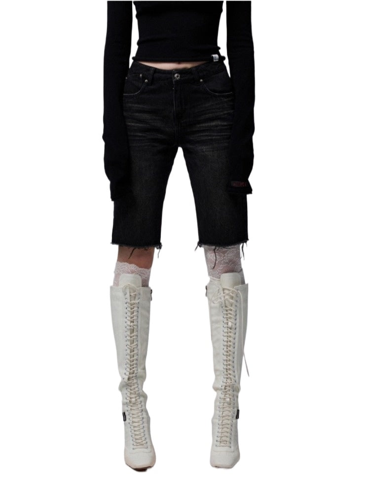 Washed Denim Biker Shorts