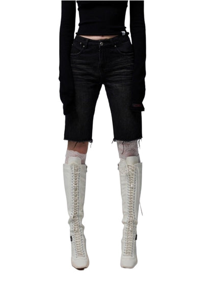 Washed Denim Biker Shorts
