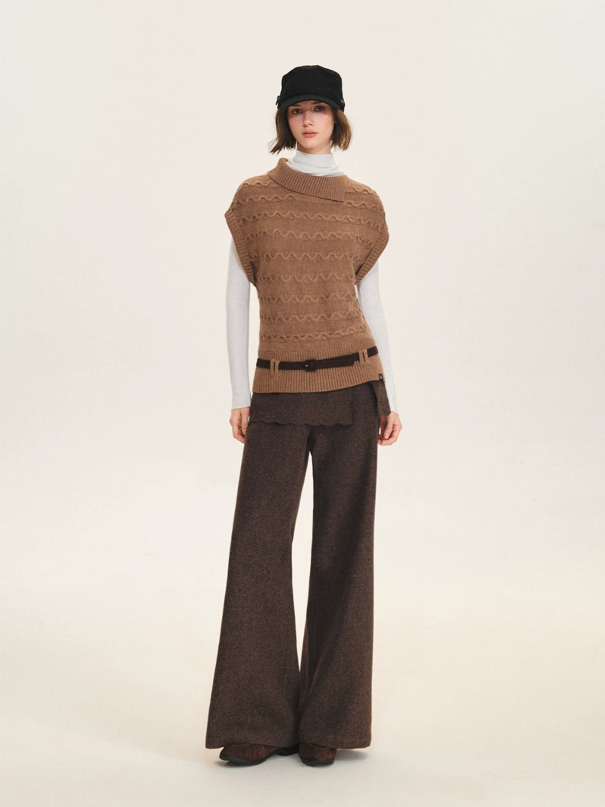 Belted Collared Wool Blend Vest