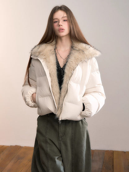Colorblock Detachable Fur Down Jacket