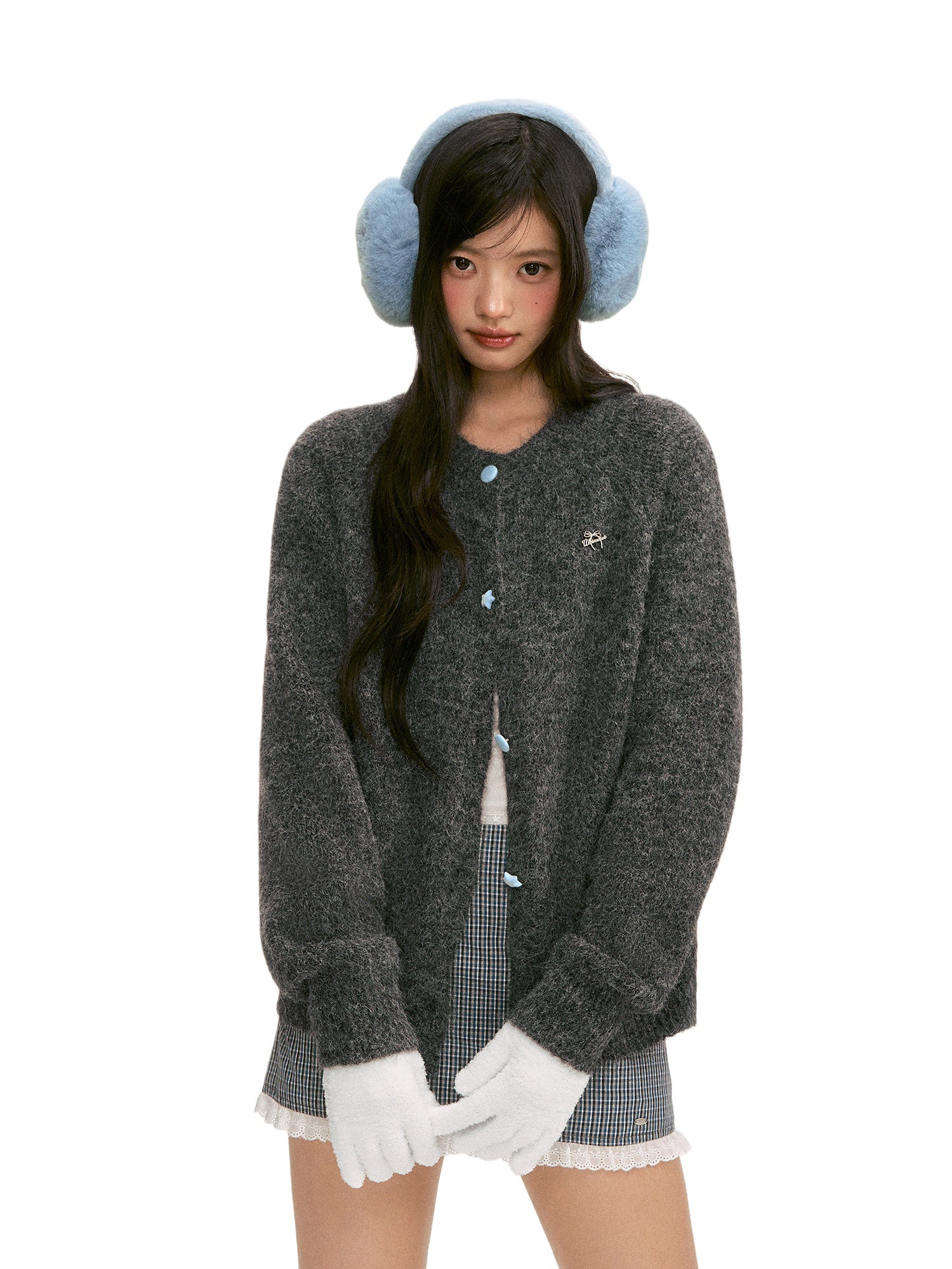 Gray Knit Crewneck Cardigan