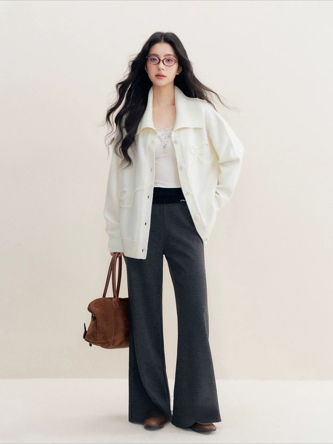 Beige Bow-Embroidered Knit Cardigan