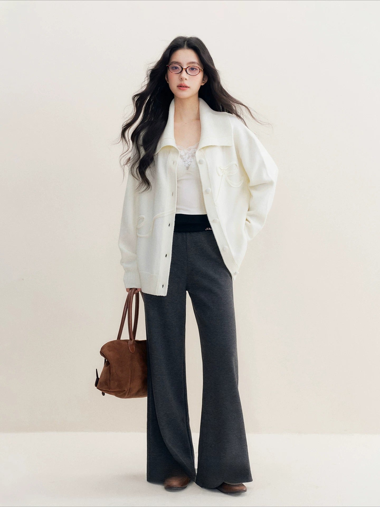 Beige Bow-Embroidered Knit Cardigan
