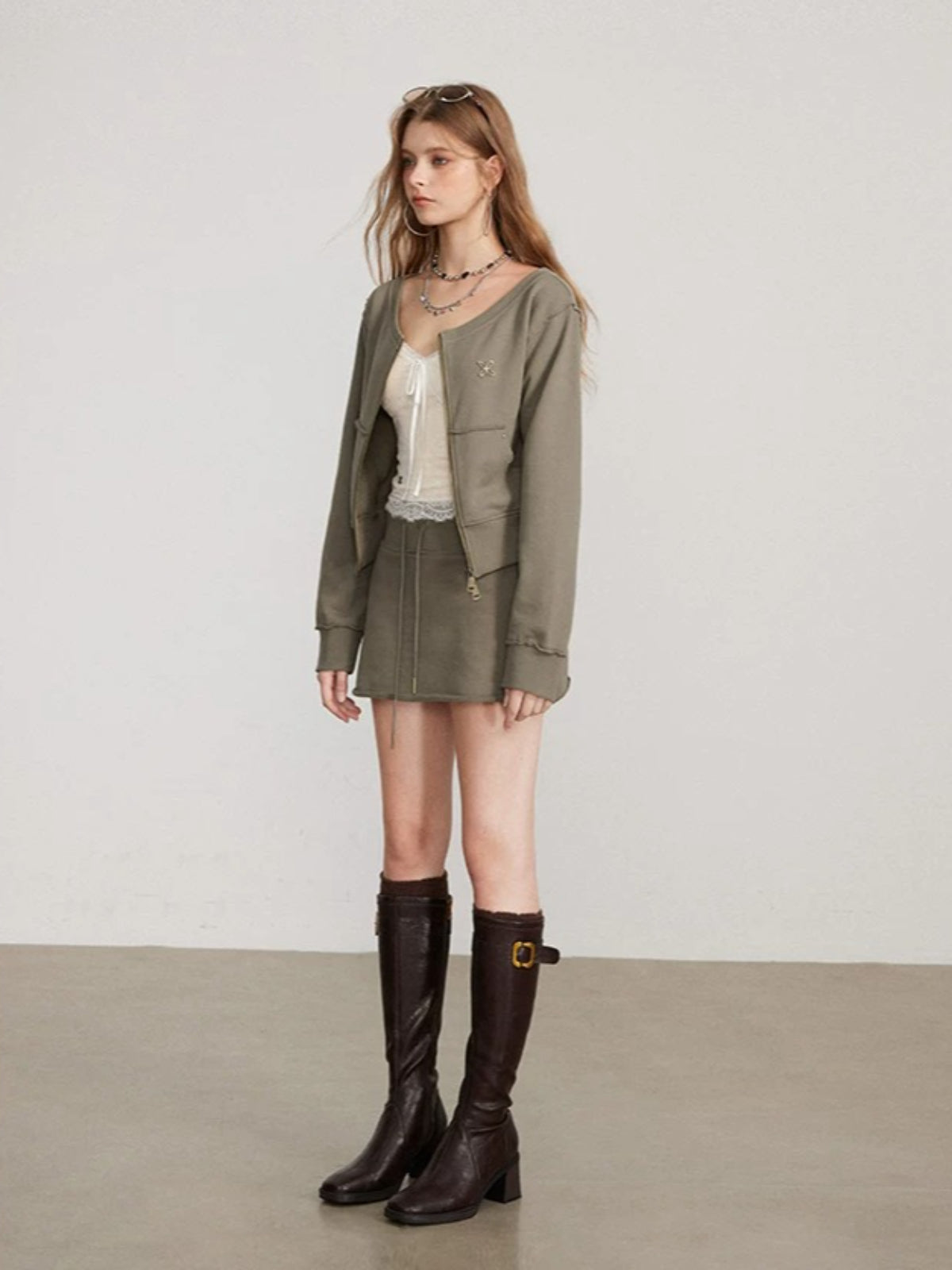 Zip Sweatshirt Skirt Two Piece Set