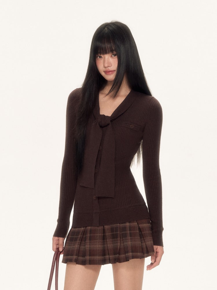 Dark Coffee Plaid Pleated Knit Dress