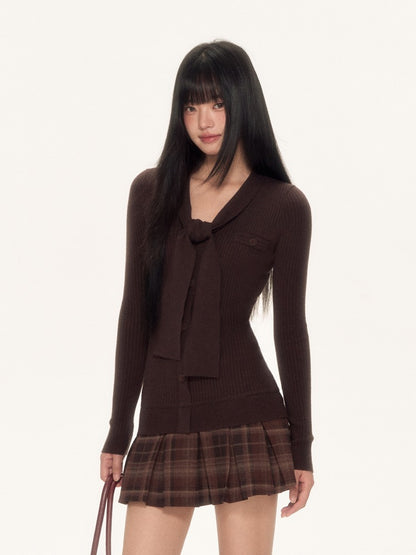 Dark Coffee Plaid Pleated Knit Dress