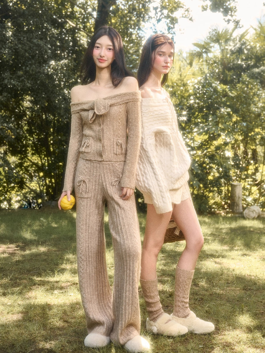 Velvet Bunny Wool Cloud Off-Shoulder Knit Cardigan &amp; Pants Set
