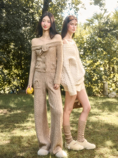 Velvet Bunny Wool Cloud Off-Shoulder Knit Cardigan &amp; Pants Set