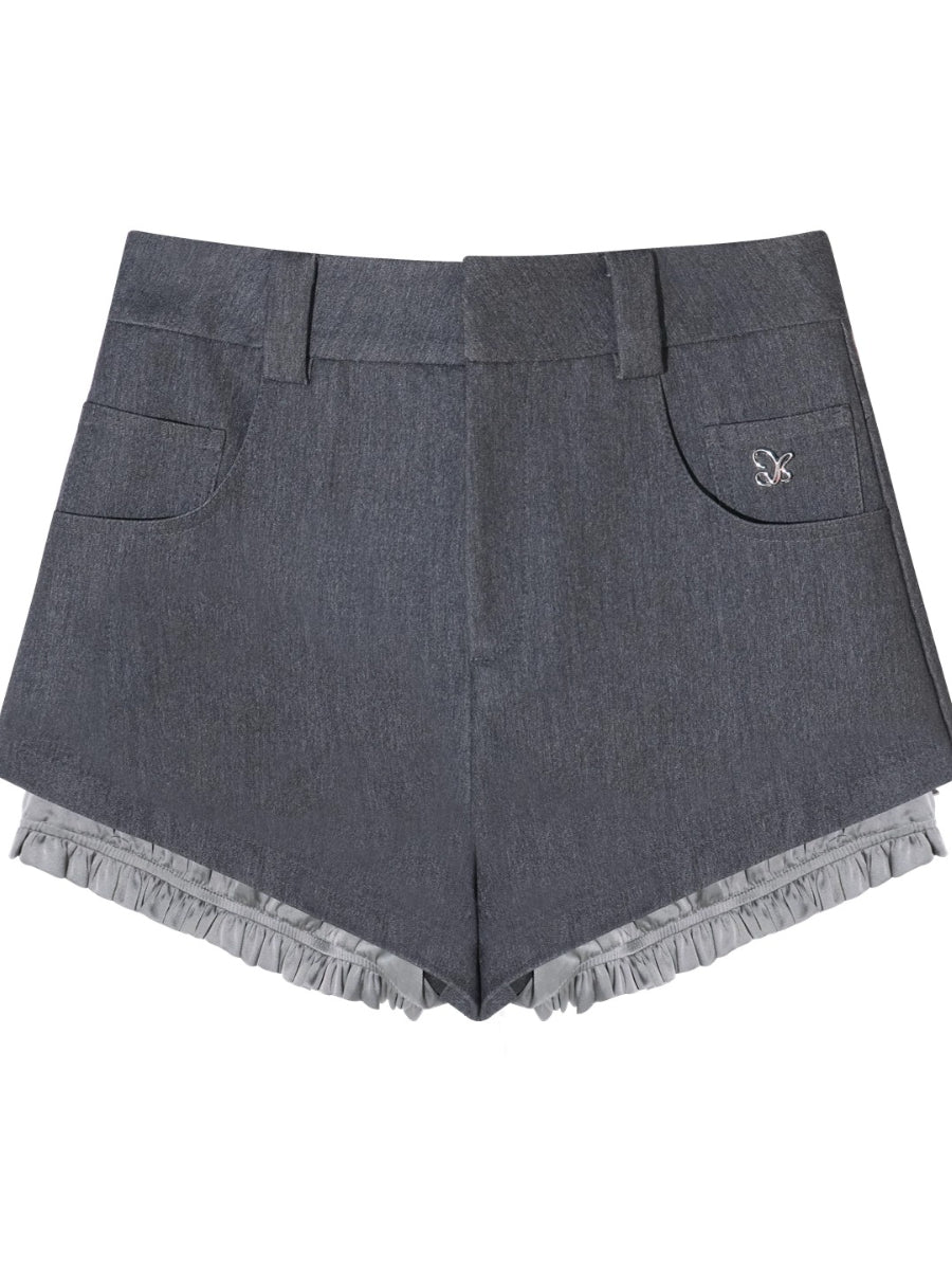 Contrast Fake Two-Piece Illusion High-Waist Shorts