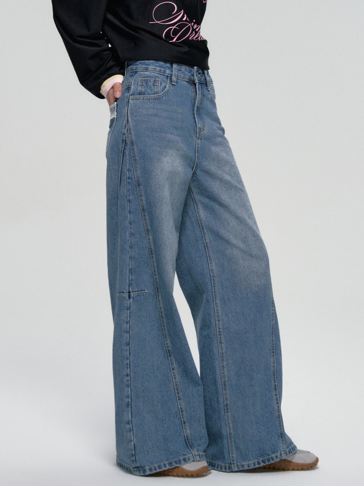 Panel Stitch Lace Patch High Waist Jeans