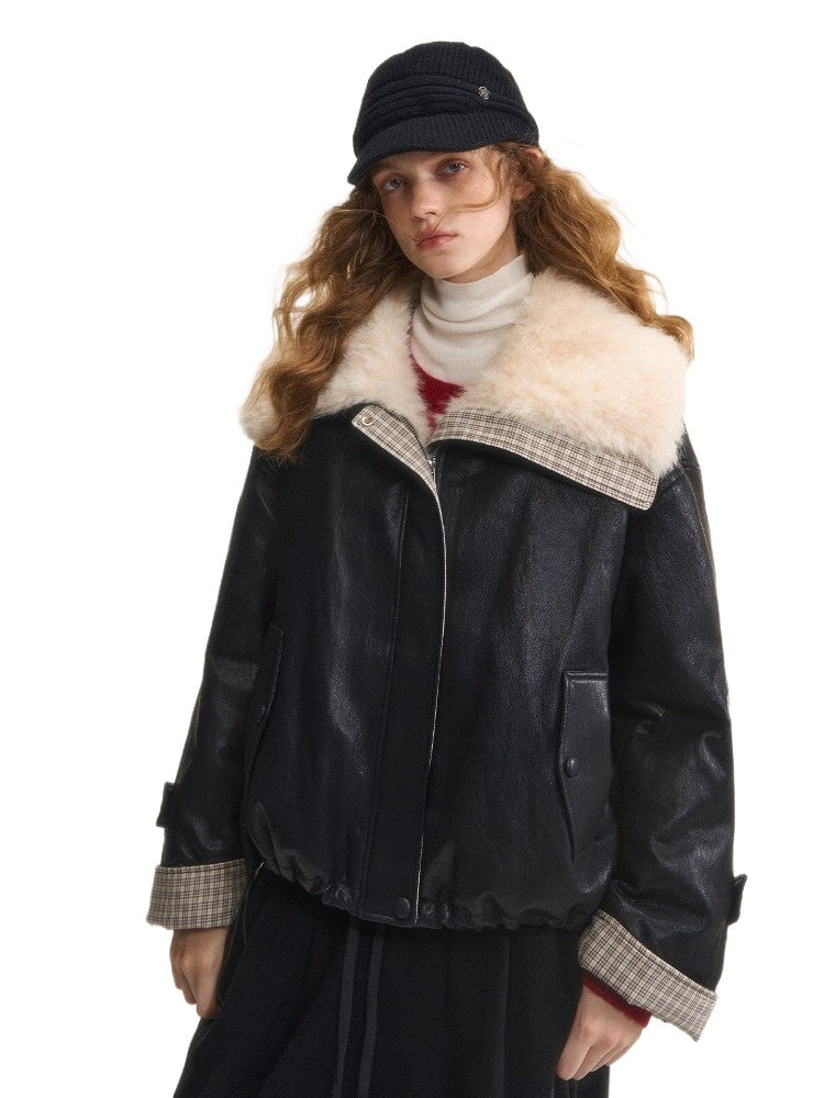 Plaid Faux Fur Collar Down Jacket
