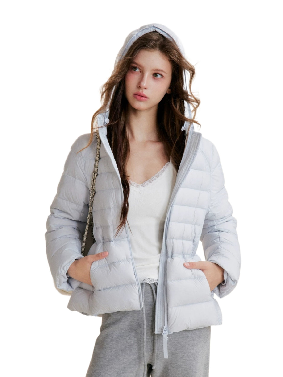 Drawstring Waist Hooded Down Jacket