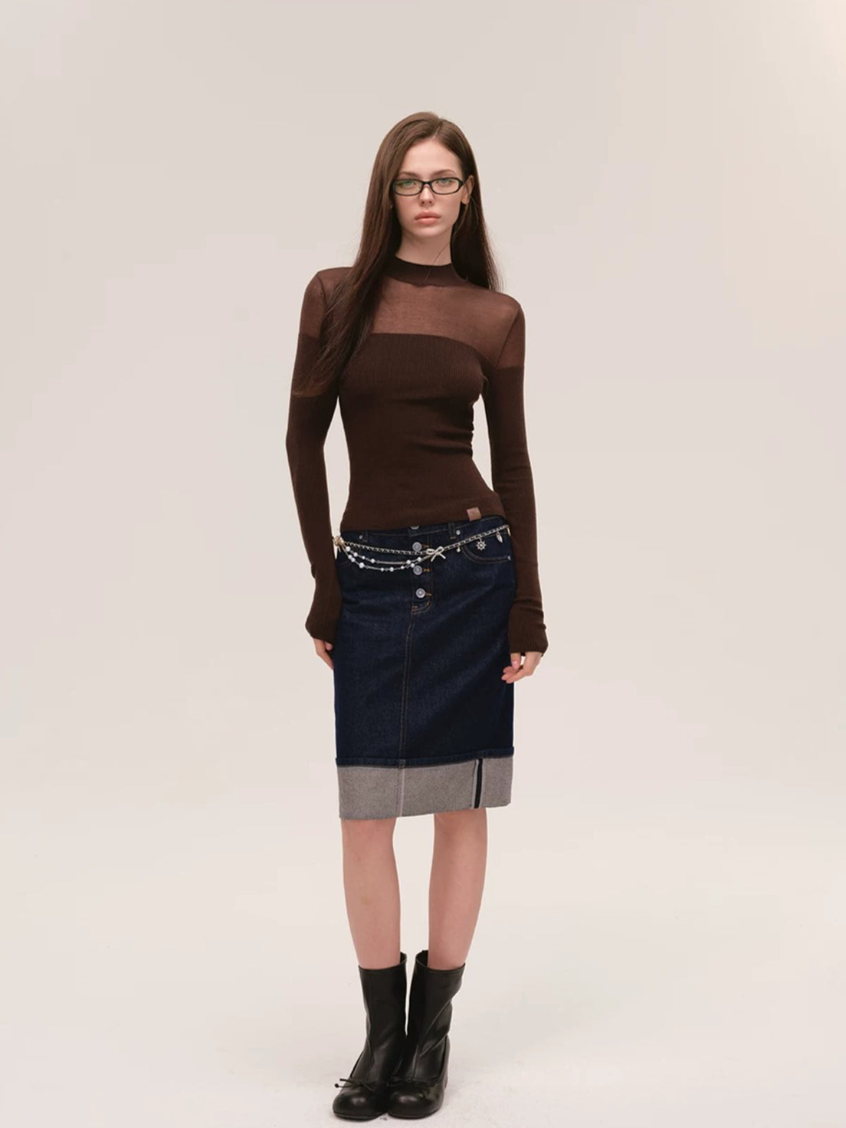 Sheer Mesh Mock Neck Fitted Knit Top