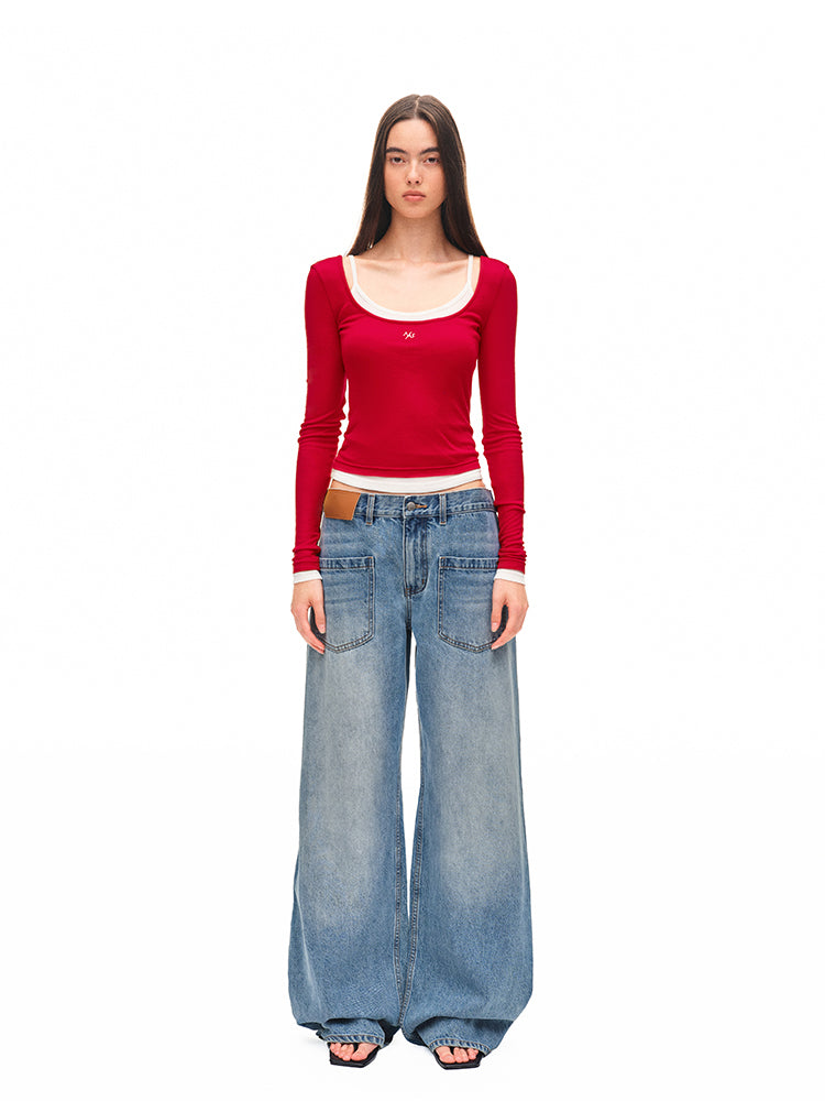 Color-block Two-piece Integrated Strap Layered T-shirt Top