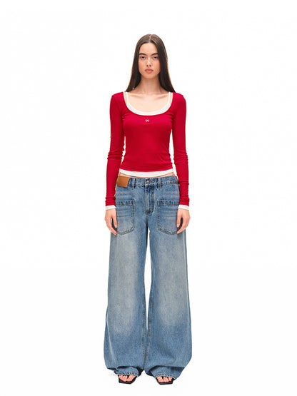 Color-block Two-piece Integrated Strap Layered T-shirt Top