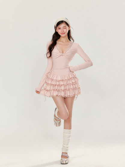 V-neck Long Sleeve Cake Dress