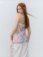 Iridescent Plaid Ruffle Bandeau Top