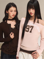 Leopard Halter One-Shoulder Long-Sleeve Top