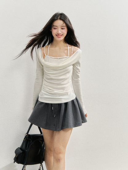 Beaded Halter Fake Two- Piece Long-Sleeve T-Shirt