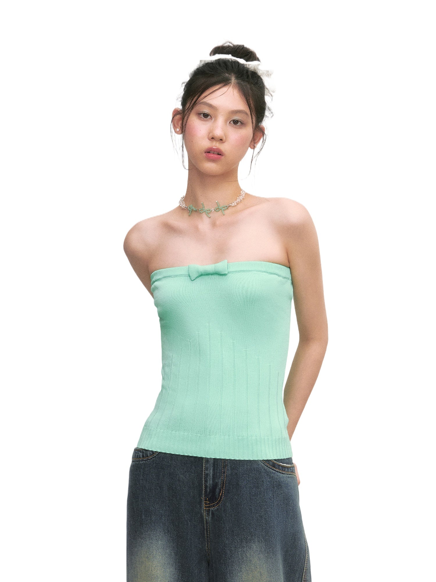 Green Bow Knit Tube Top