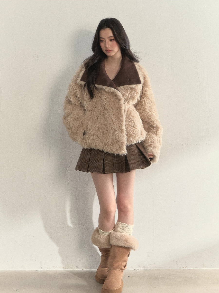 “Warm Oak Grove” Double-Breasted Faux Shearling Parka