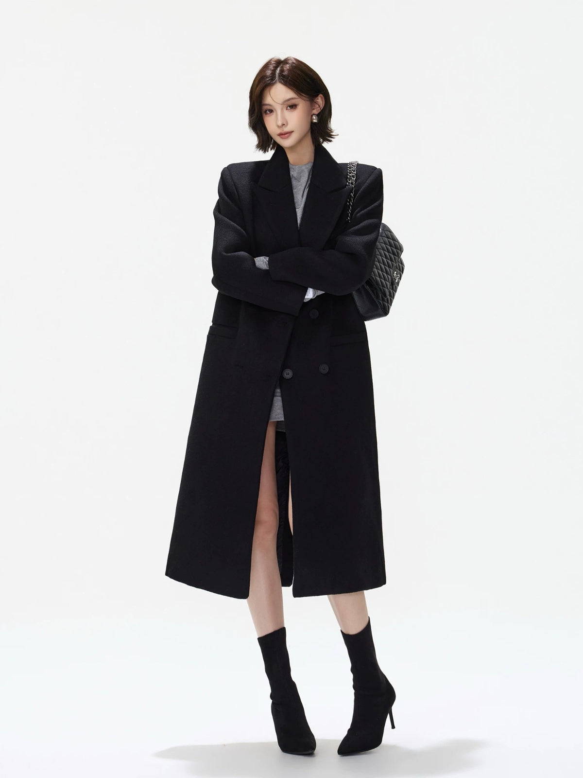 Black Tailored Wool Blend Long Coat
