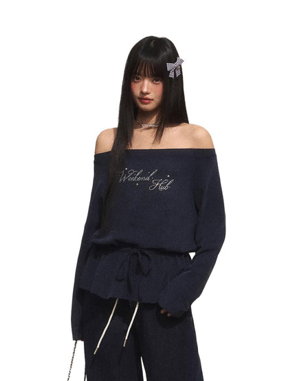 Off-Shoulder Rhinestone Letter Tee