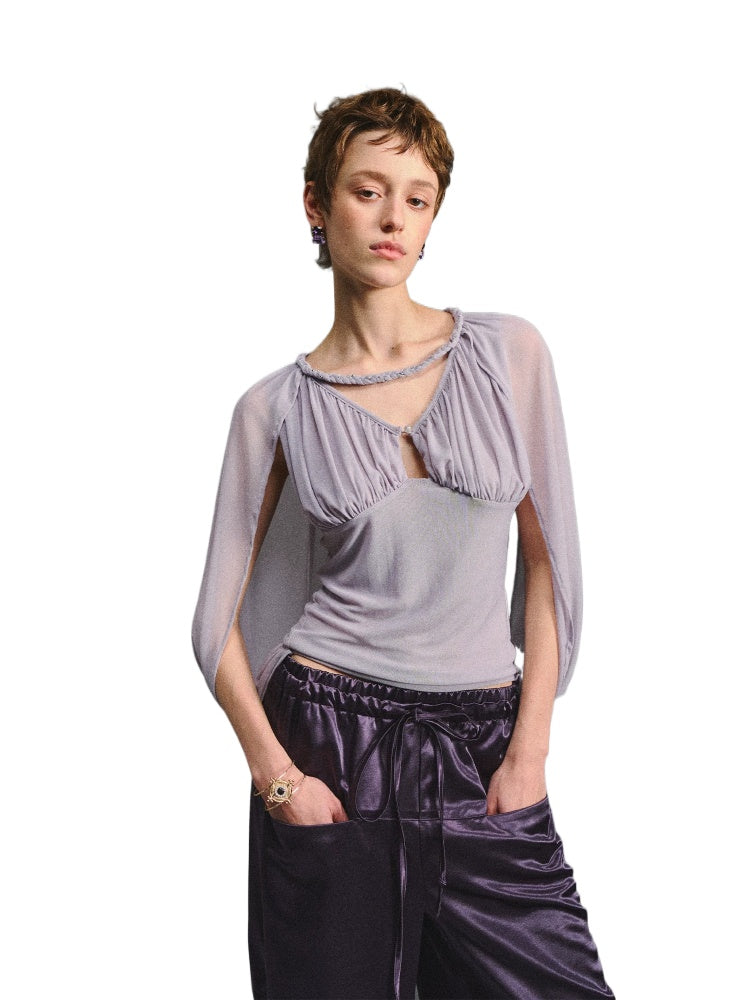 Purple Ruched Mesh V-Neck Top