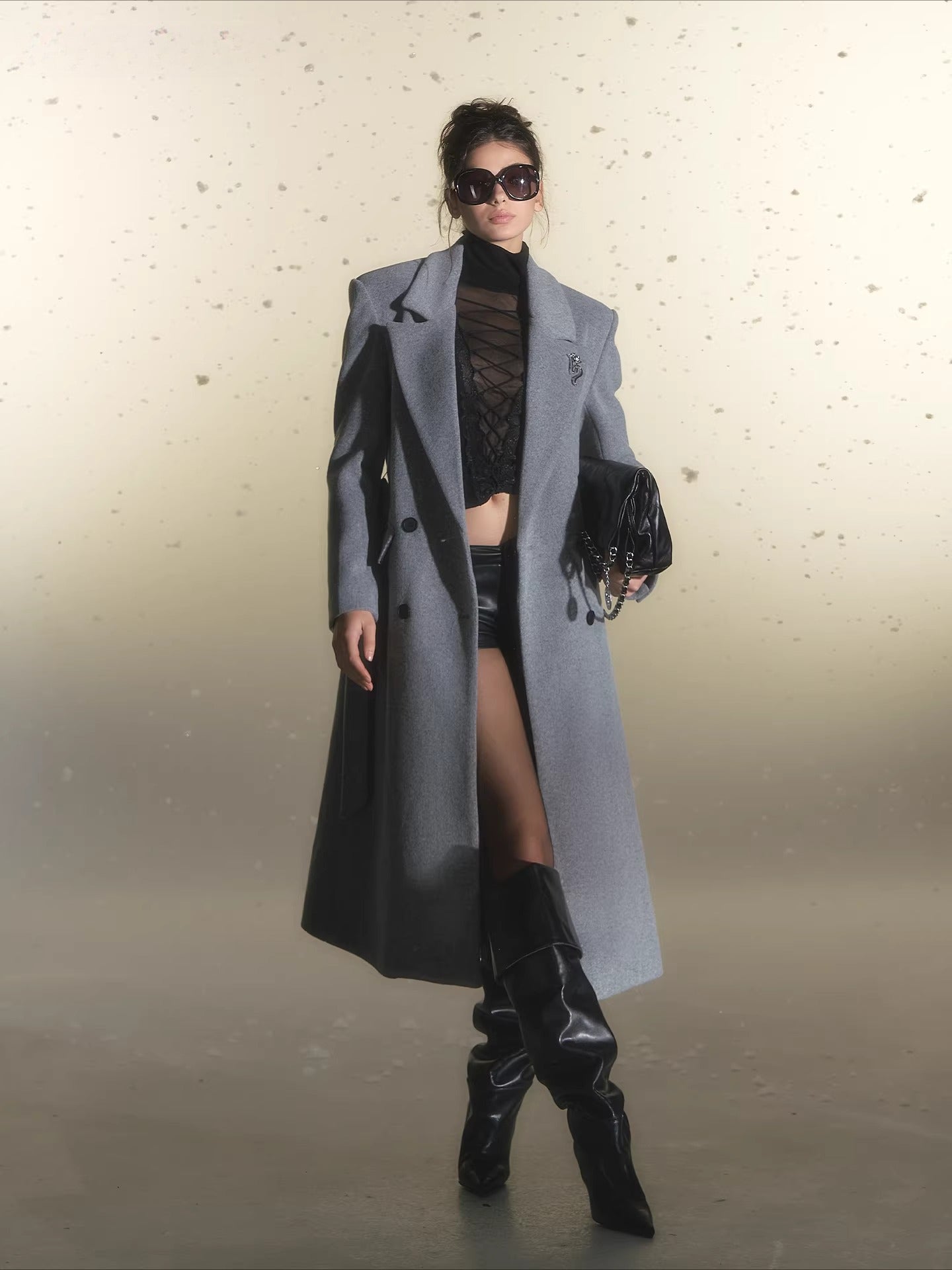 Grey Belted Oversized Wool Coat