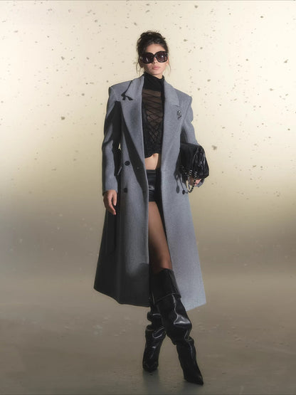 Grey Belted Oversized Wool Coat