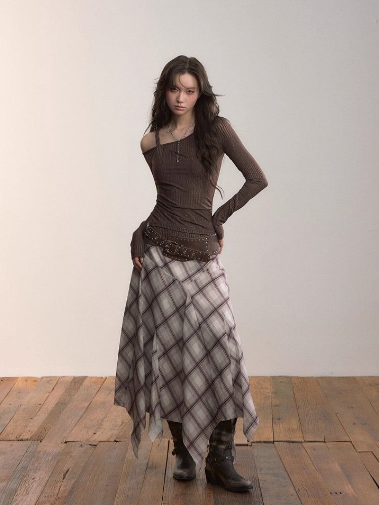 Plaid Irregular Hem Midi Skirt