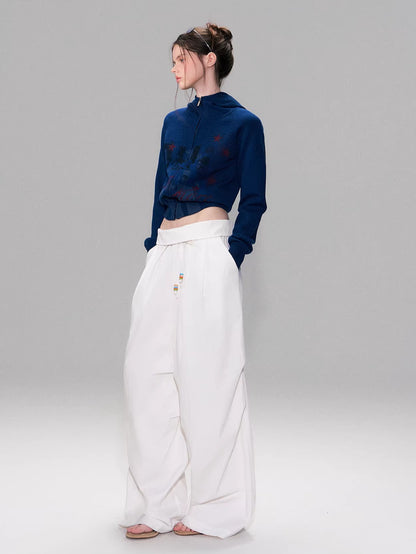 White Beaded Fold Waist Pants
