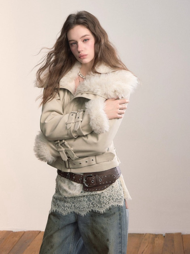 Faux Shearling Fur Collar Short Jacket