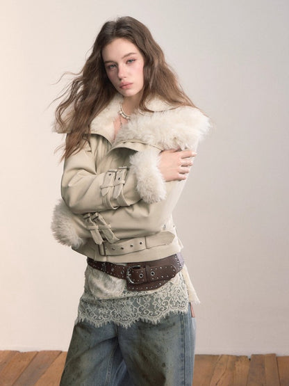 Faux Shearling Fur Collar Short Jacket