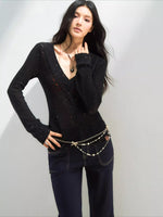 Shimmer Yarn Distressed V-Neck Knit Top