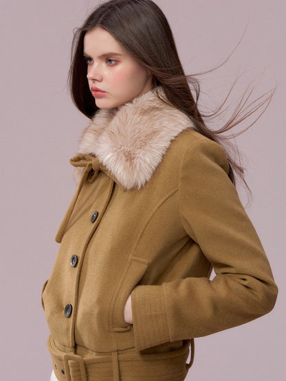 Faux Fur Collar Removable Belted Jacket
