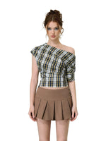 Asymmetric Plaid Draped Top
