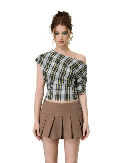 Asymmetric Plaid Draped Top